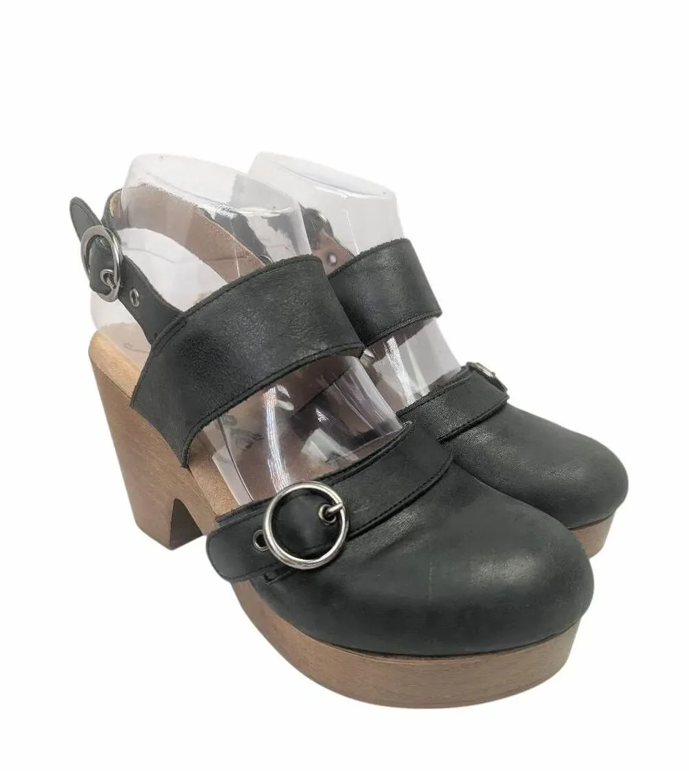 Free People Park Circle Black leather & wood platform slingback heel 38 EU 7.5
